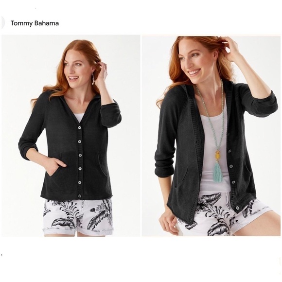 TOMMY BAHAMA NWT Lea 100% Linen Scalloped Black 3/4 Sleeve Cardigan  Sz L - Picture 1 of 8